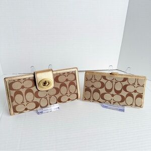 Coach Turnlock Signature Canvas Wallet and Checkbook Cover Set - Tan/Gold